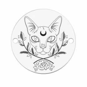 Bănuț argint 925 gravat pisică Sphynx cu semilună și flori, Ø 16,5 mm — cadou pentru un iubitor de pisici E1301