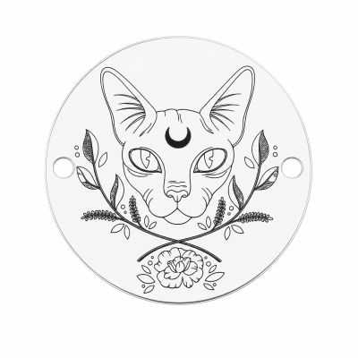 Bănuț argint 925 gravat pisică Sphynx cu semilună și flori, Ø 16,5 mm — cadou pentru un iubitor de pisici E1301