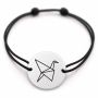 Brățară argint 925 cu bănuț gravat cocor origami, șnur negru reglabil — R0645