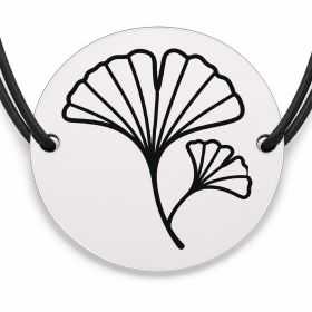 Brățară argint 925 cu bănuț gravat frunză de ginkgo, șnur negru reglabil — R0654