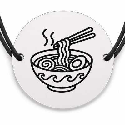 Brățară argint 925 cu bănuț gravat bol de ramen, șnur negru reglabil — R0657