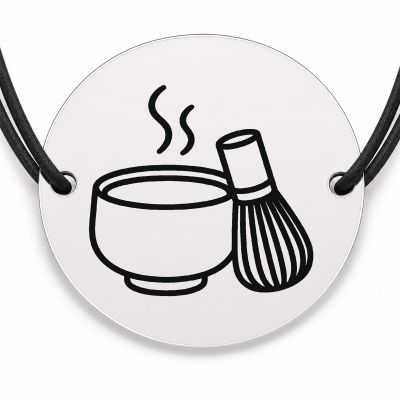 Brățară argint 925 cu bănuț gravat ceașcă de matcha, șnur negru reglabil — R0660