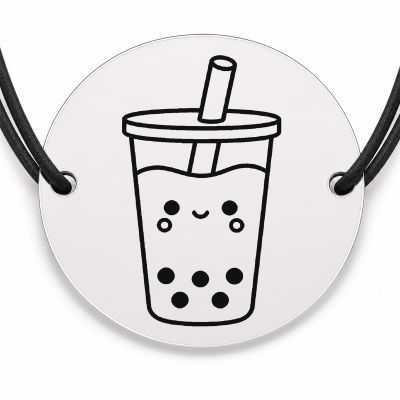 Brățară argint 925 cu bănuț gravat bubble tea, șnur negru reglabil — R0661