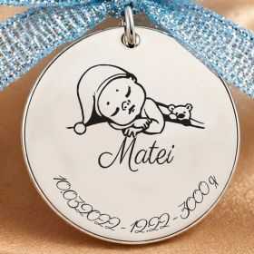 Bănuț botez băiat personalizat argint 925, bebeluș 22 mm