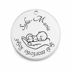 Banut Argint 925 Personalizat cu Nume, Data Nasterii si Bebelus in Palma 22mm 0.3mm S0129 - bijuterii personalizate din argi