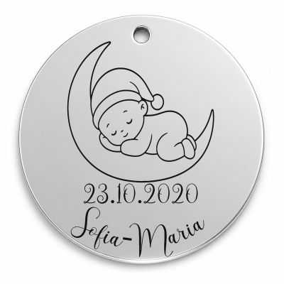 Bănuț de moț argint 925, bebeluș care doarme pe lună – 22 mm