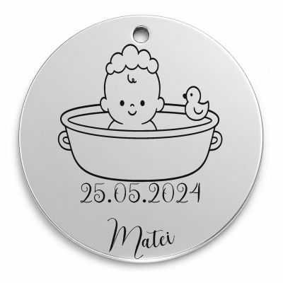 Bănuț de moț argint 925, bebeluș în cădița de baie – 22 mm