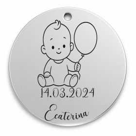 Bănuț de moț argint 925, bebeluș cu balon – 22 mm