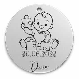 Bănuț moț argint 925, bebeluș care potrivește un puzzle