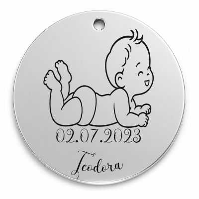Bănuț de moț argint 925, bebeluș care stă pe burtică – 22 mm