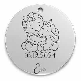 Bănuț moț argint 925, fetiță care îmbrățișează un unicorn