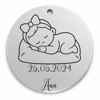 Bănuț moț argint 925, fetiță cu fundiță pe pernuță