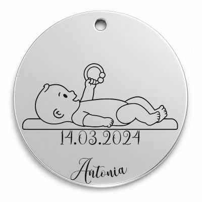Bănuț moț argint 925, bebeluș pe salteluța de joacă