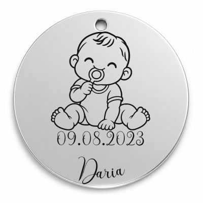 Bănuț moț argint 925, bebeluș cu jucăria de dentiție