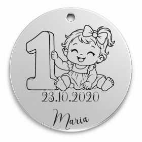 Bănuț moț argint 925, fetiță la prima aniversare, lângă