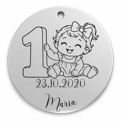 Bănuț moț argint 925, fetiță la prima aniversare, lângă