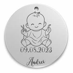 Bănuț de moț argint 925, bebeluș la prima tunsoare – 22 mm
