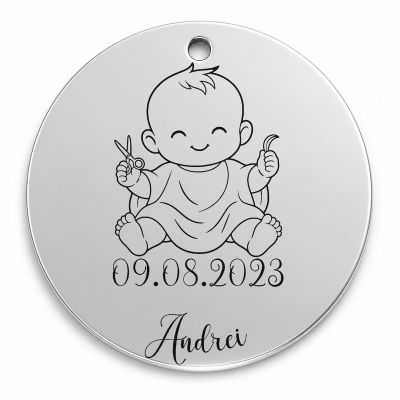 Bănuț de moț argint 925, bebeluș la prima tunsoare – 22 mm
