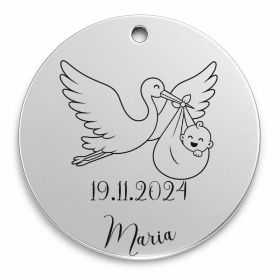 Bănuț de moț argint 925, bebeluș adus de barză – 22 mm