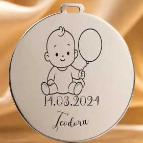 Bănuț de moț argint 925, bebeluș cu balon – 22 mm
