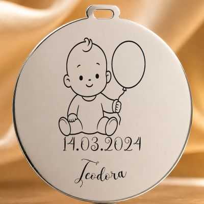 Bănuț de Moț din Argint 925 Personalizat cu Nume și Dată, Bebeluș cu balon – 22 mm – S0608