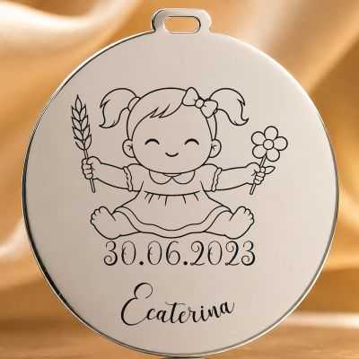 Bănuț de Moț din Argint 925 Personalizat cu Nume și Dată, Bebeluș cu zodia Fecioară – 22 mm – S0664
