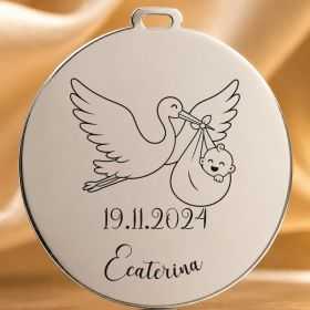Bănuț de moț argint 925, bebeluș adus de barză – 22 mm