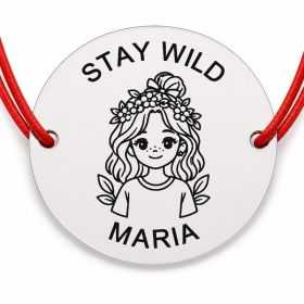 Brățară argint 925 cu nume gravat, STAY WILD, șnur roșu