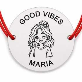Brățară argint 925 cu nume gravat, GOOD VIBES, șnur roșu