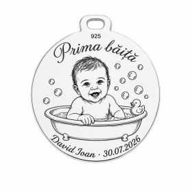 Bănuț cu poza copilului gravată – Prima băiță | argint 925, 25 mm | simoshop