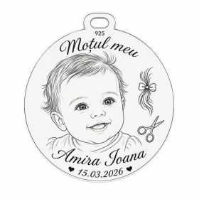 Bănuț de moț cu poza copilului gravată – Moțul meu | argint 925, 25 mm | simoshop