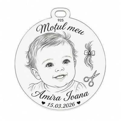 Bănuț de moț cu poza copilului gravată – Moțul meu | argint 925, 25 mm | simoshop