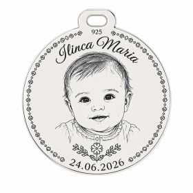 Bănuț de moț cu poza copilului gravată – Ramă de ie | argint 925, 25 mm | simoshop