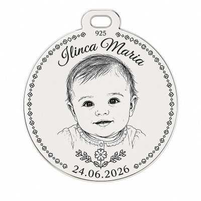 Bănuț de moț cu poza copilului gravată – Ramă de ie | argint 925, 25 mm | simoshop