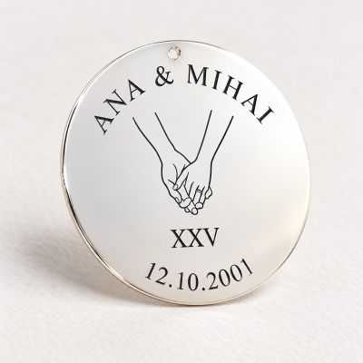 Medalion Nunta de Argint din Argint 925 „Mâini Împreunate" – Cadou Aniversare 25 de Ani de Căsătorie, 30 mm – N0032