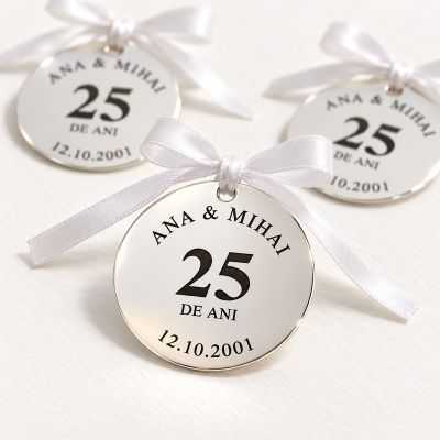 Mărturie Nunta de Argint din Argint 925 „Nume și Dată" – Bănuț Gravat 25 de Ani de Căsătorie, 20 mm – N0035