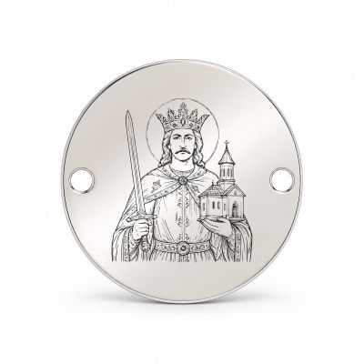 Bănuț argint 925 gravat Sfântul Voievod Ștefan cel Mare, Ø 16,5 mm, cu două găuri — R0321