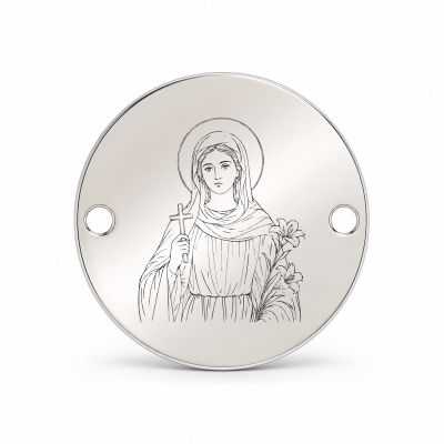 Bănuț argint 925 gravat Sfânta Iustina, Ø 16,5 mm, cu două găuri — R0327