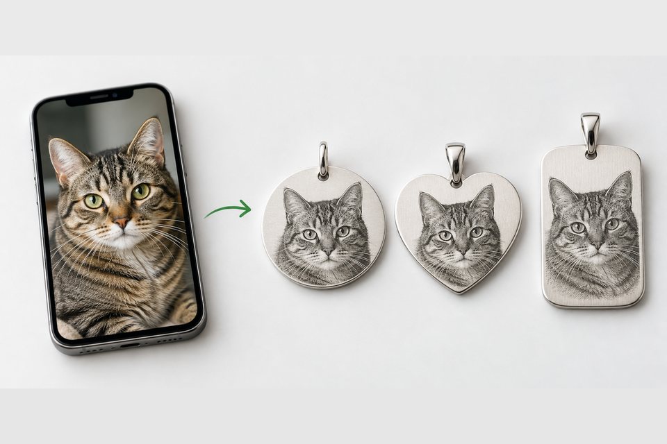 Poza unei pisici pe telefon și aceeași poză gravată pe un bănuț, o inimă și un dog-tag din argint